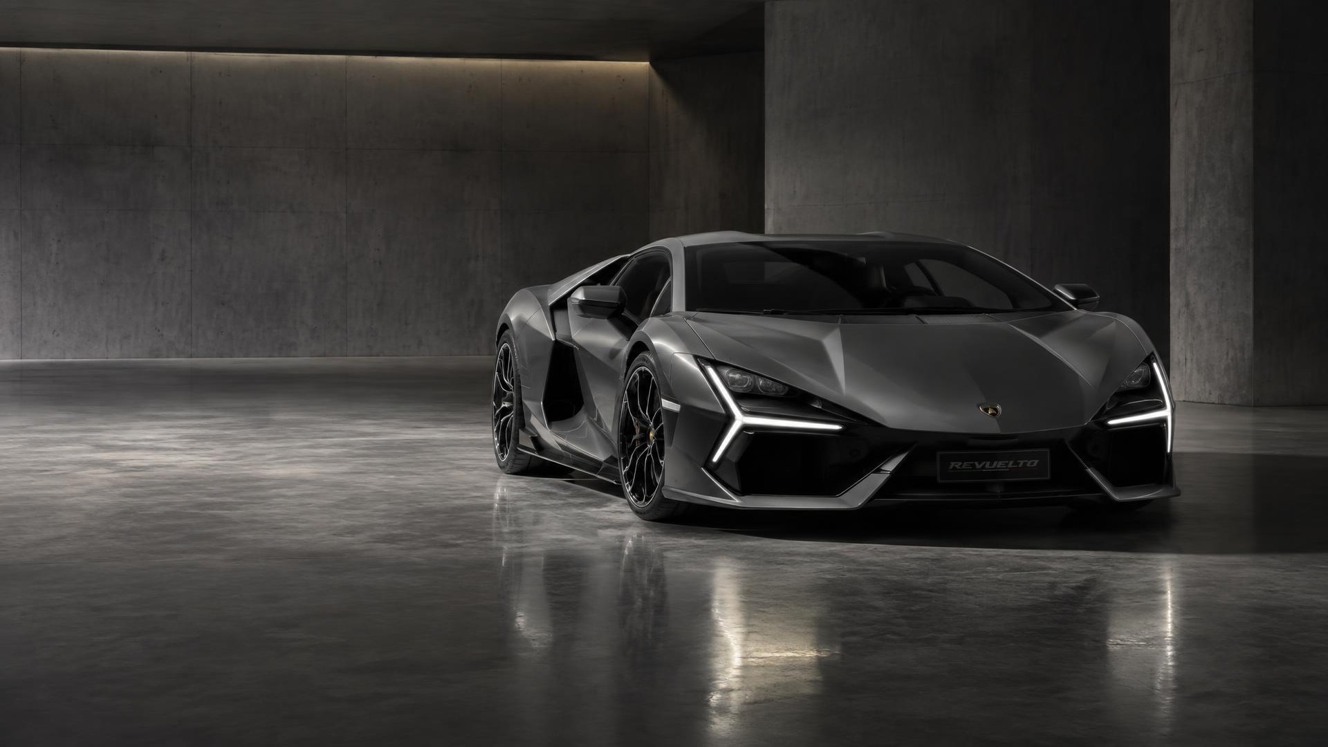 Lamborghini Revuelto in a minimalist concrete gallery