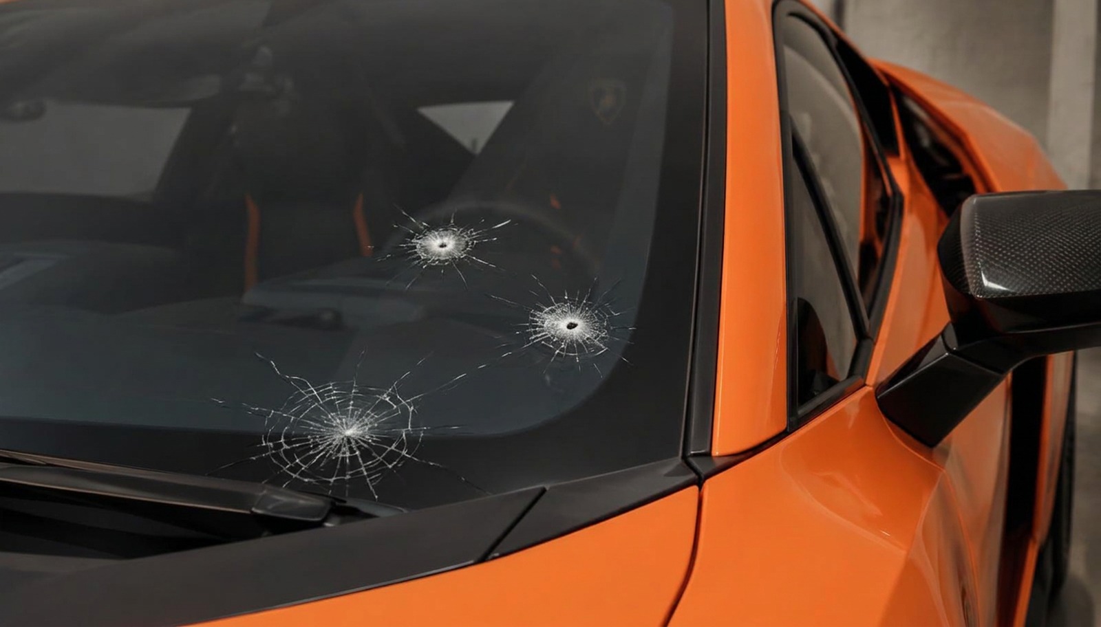 Lamborghini Revuelto windshield close-up — unprotected, showing rock chip damage